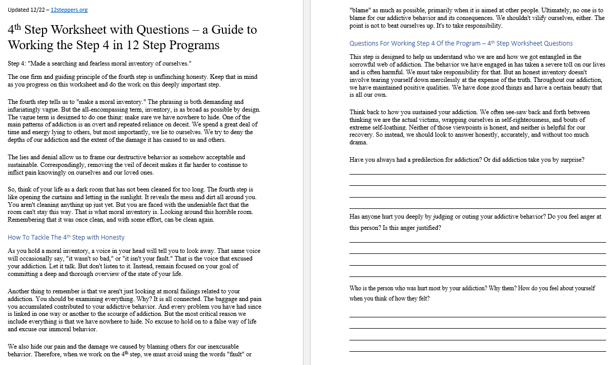 4th Step Worksheet with Questions - [Free PDF Download & Print] - 12  Steppers
