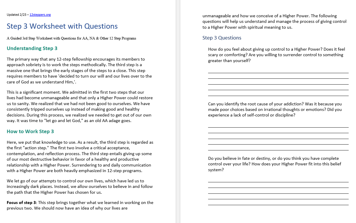 Step 3 Worksheet with Questions [Free PDF Download & Print] - 12 Steppers