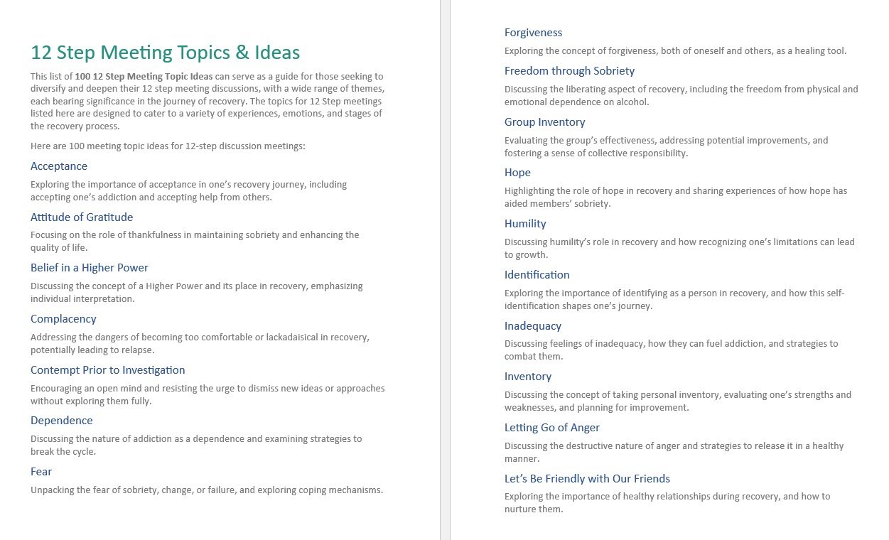 100 12 Step Meeting Topic Ideas for AA & Other Programs [Free Download